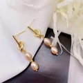 Baroque pearl drop earrings with elegant gold knot design and pink iridescent pearls - Gold Knot Pink 2-Pearl Style
