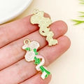 Pink and white enamel rose bouquet charm in golden alloy for DIY necklaces and keychains - 32x15mm Carnation with Branch