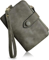Women's trifold matte faux leather wallet in army green with wristlet strap and gold zipper - Army Green p-04