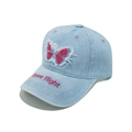 Close-up of light blue denim baseball cap with pink butterfly patch and Free flight embroidery - M (56-58cm) / Sky Blue