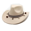Detalle de sombrero vaquero de fieltro beige con banda étnica trenzada y colgantes - M (56-58cm) / Beige