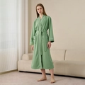 Women's light green waffle knit bathrobe with long sleeves and white piping details - Mint Green [Women]