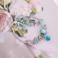 DIY silver snake chain bracelet with blue glass beads and angel wing pendants - Blue Floral Style (2#)