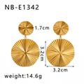 Detail view of large pleated fan textured 18K gold plated stainless steel drop earrings - Golden Radial Pleated Round Style (NB-E1342) / 18K Gold