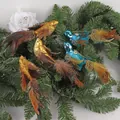 Set of 6 blue and gold bird Christmas ornaments with feathers and sequins on pine needles - Set 24 (Gold/Blue Feather Pendants)