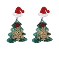 Sparkly green Christmas tree earrings with a red star and festive Santa hat detail - Green Glitter Tree Gold Snowflake