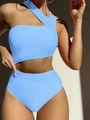 Light blue one-shoulder bikini set with side cut-out and high-waisted bottom for women - XL / Sky Blue