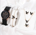Elegant 6-piece jewelry set featuring black quartz watch and butterfly pendants - Without Box / Black + Butterfly Set