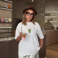 White oversized cotton T-shirt featuring a green another matcha graphic in street style - S / White