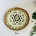 35cm round handmade rattan shell tray with green leaf geometric pattern - Black Coin Green Leaves / Large 35*3cm