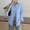 Women's blue striped long sleeve button down shirt with front pocket and loose fit - XS / Sky Blue