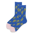 Royal blue mid-calf socks with olive abstract patterns and pink toe contrast - One Size (EU 35-39) / Hand-drawn Blocks