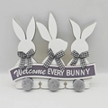 Wooden Easter hanger with three white rabbits, plaid bows and Welcome Every Bunny sign - Purple Welcome Banner Bunny