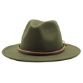 Army green wide brim wool fedora hat with a classic brown woven leather decorative band - Army Green