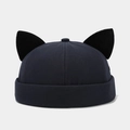 Detailed view of a navy miki hat featuring creative black cat ears and rolled brim design - Adjustable / Dark Gray