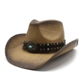 Classic straw western cowboy hat with turquoise beads and metallic floral buckle detail - M (56-58cm) / Khaki Brown