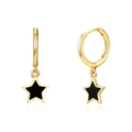 Detailed close-up of golden hoop earrings with black enamel star pendants - Star Pendant / Black/Gold