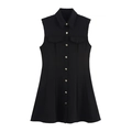 Flachgelegtes schwarzes ärmelloses Kleid mit Polokragen und Details mit Metallknöpfen - XS / Schwarz