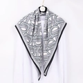 90cm silk-like twill scarf featuring a classic grey geometric chain pattern on a hanger - Silver Gray