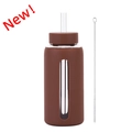 Brown 800ml glass water bottle with silicone sleeve, straw, and cleaning brush - Dark Coffee (New)