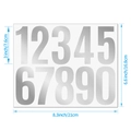 Detail of 3-inch silver vinyl number stickers showing measurements on a white background - 1 Sheet (0-9 Numbers) / Bright Silver