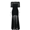 Elegante abito lungo nero con spalle scoperte, corpino arricciato e gonna in tulle - S / Nero