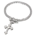 Double-layered stainless steel chain bracelet featuring an OT buckle and rose heart cross - Silver (KB149698-Z)