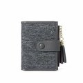 Close-up of gray fabric texture on short wallet featuring button strap and tassel detail - Dark Grey