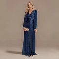 Elegant deep blue sequin V-neck evening gown with long sleeves and twist waist detail - US size 2 / Bottoms / Navy Blue