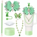 Set accessori verde glitter per Stanley cup con fiocco, perline e protezione silicone - Verde