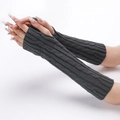 Close-up of dark grey cable knit arm warmers showing detailed texture and fingerless design - Grey Blue