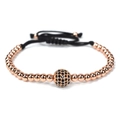 Handmade woven bracelet with rose gold beads and a black zircon paved sphere charm - 10mm Micro Pave Ball / Rose Gold + Black Zircon