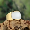 Polished gold stainless steel ring with square white cat eye stone on wood base - US 7 / Gold White Zirconia