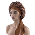 Chocolate brown satin hair bonnet with wide elastic band and long matching ribbons - Medium / Coffee