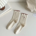 Beige crew socks with colorful flecks, brown ruffle trim and bow embroidery - Khaki