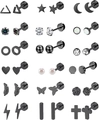 18 pairs of black stainless steel stud earrings set with heart and star designs - Black