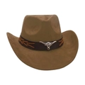 Brown faux suede western cowboy hat featuring a silver bull head emblem on a leather band - Army Green