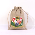 Christmas burlap gift bag with green sled and colorful presents on natural linen fabric - Sleigh & Gifts G-03 / 15*20cm