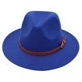 Detail of royal blue wool fedora hat featuring a brown leather band and golden buckle - Kids One Size (54cm) / Blue