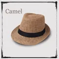 Detailansicht eines kamelfarbenen Leinen-Strohhuts mit einem klassischen schwarzen Band - M (56-58cm) / Camel