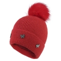 Red knit hat for women with plush faux fur pompom and butterfly rhinestone decorations - Adjustable / Red