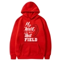 Men's red fleece drawstring hoodie with football graphic print and kangaroo pocket - Red-My Heart Is On That Field