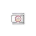 Silbernes Edelstahl-Charm mit rosa Emaille-Geburtstagstorte für modulare Armbänder - Geburtstagstorte Stil (HA-3)