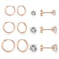 6 Paar roségoldene Ohrstecker-Set mit Zirkonia-Reifen und runden Ohrsteckern mit vier Krallen - 6er-Set / Roségold