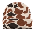 Close-up of leopard print knitted beanie showing warm camouflage textured fabric - Beige White Brown