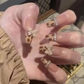 Detailed view of coffin press-on nails with leopard print and 3D bow accessories - Leopard Print Butterfly 3D Style (BY77) / Glue Type