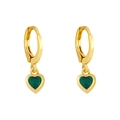 Elegant gold heart earrings with vibrant emerald green zircon stones on white background - Green