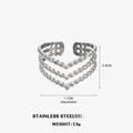 Three-layer beaded V-shaped adjustable stainless steel ring in polished silver finish - Adjustable Open / Steel Color V-Shape Beaded Style