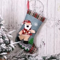 Calza di Natale in denim blu con bordo scozzese e decorazione di orso polare 3D - Grande calza in lino orso