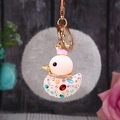 Pink duck keychain with sparkling crystals, golden crown and a soft grey plush pompom - Single OPP Bag Packaging / White Duck + Gray Plush Ball